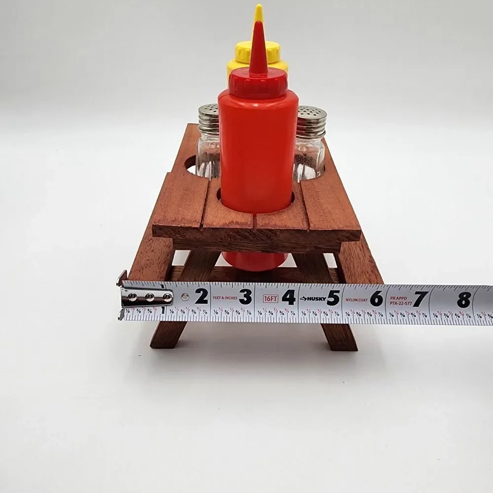 Redwood Picnic Table Condiment Set Salt Pepper Ketchup Mustard‎ Vintage READ